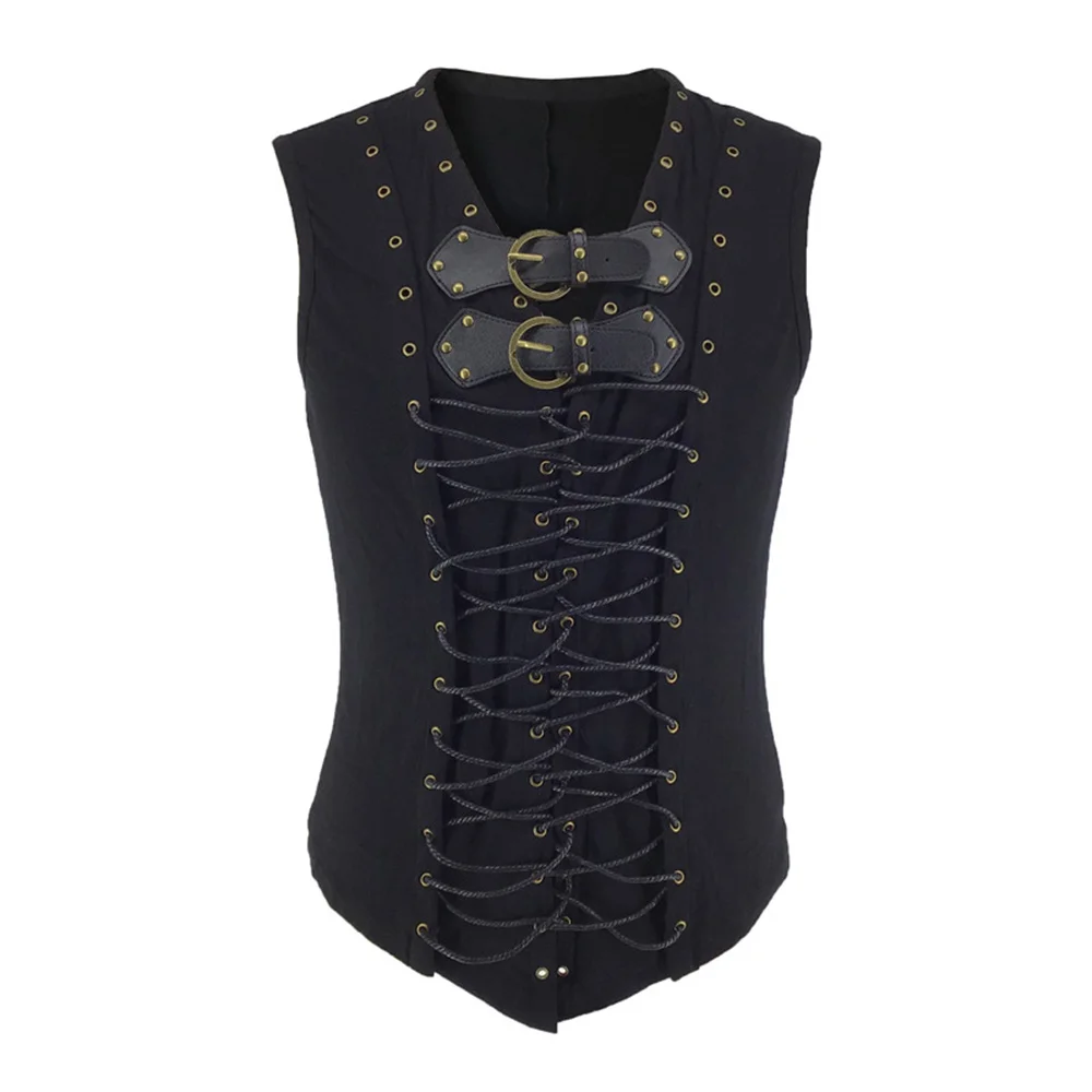 Black Steampunk Men's Belt Buckle & Lace-up Sleeveless Vest Gothic Victorian Medieval Vintage Top