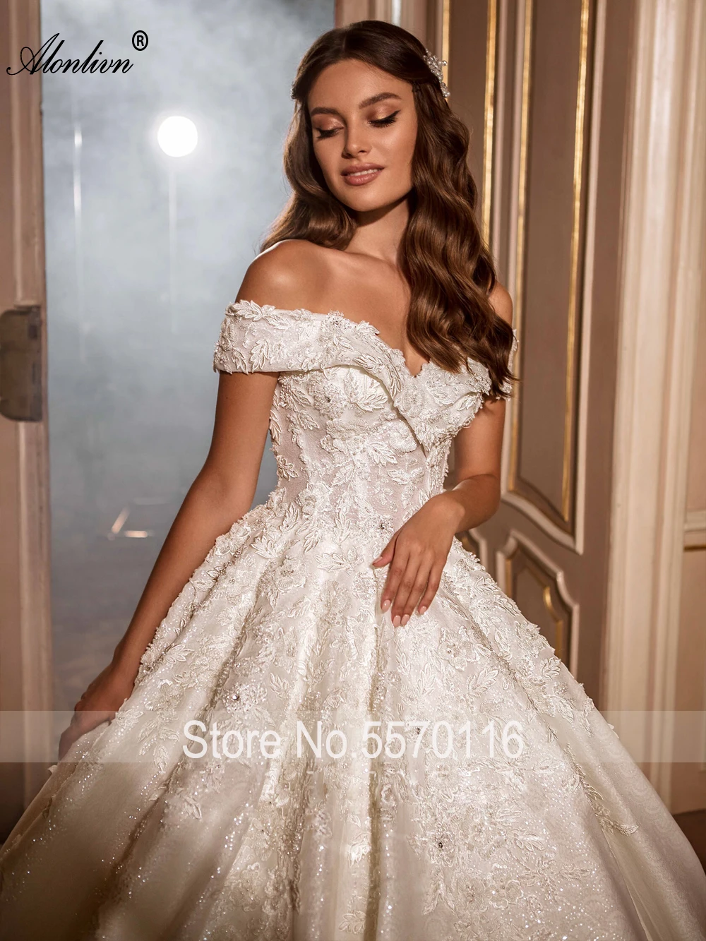 Alonlivn Luxury Beading Pearls Sweetheart A-Line Wedding Dresses Embroidery Appliques Lace Off Shoulder Sleeves Bridal Gowns