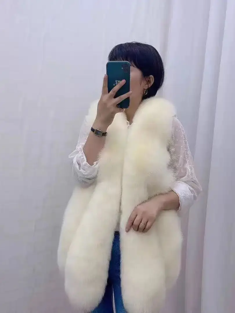 New winter warm full leather fox fur genuine fur coat large water drop vest genuine leather vest mid-length light luxury