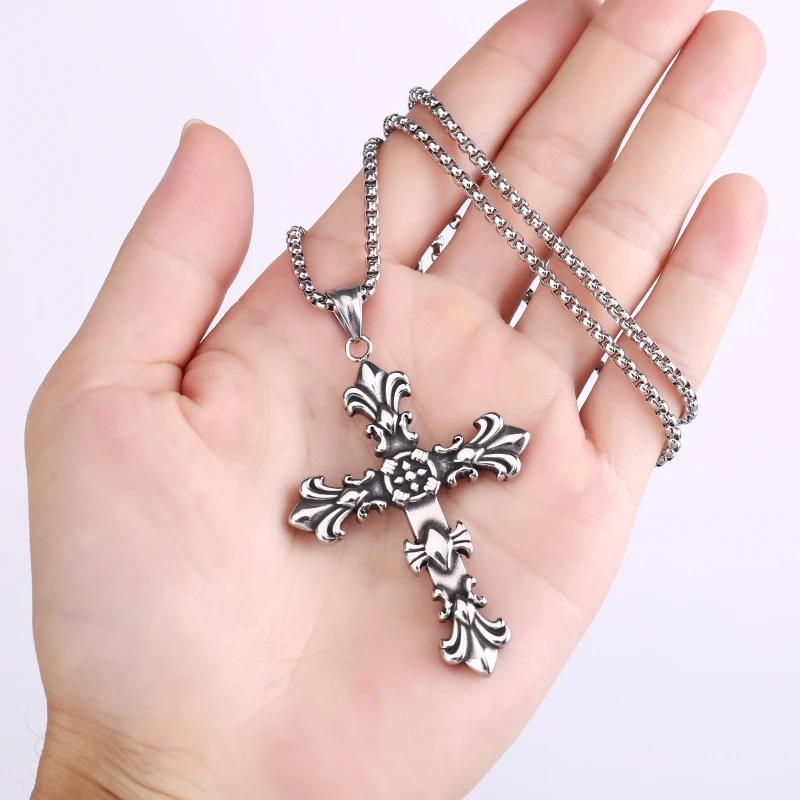 Europe and the United States fashion cross stainless steel necklace cross flower retro simple men and women necklace