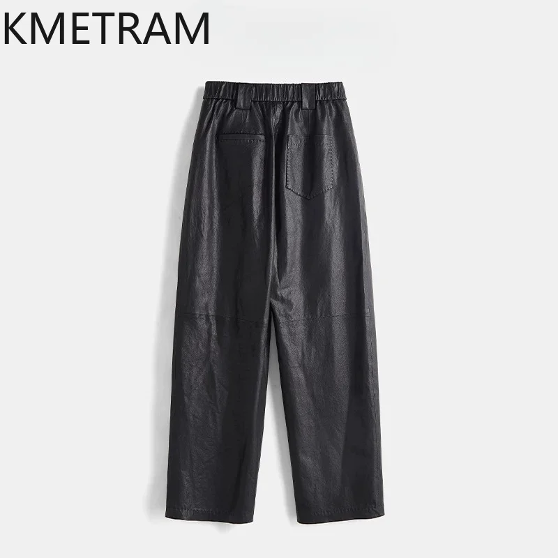 KMETRAM Full Vegetable Tanned Ultra-Thin Whole Sheepskin Genuine Leather Trousers Straight Wide Leg Pants for Woman Pantalones
