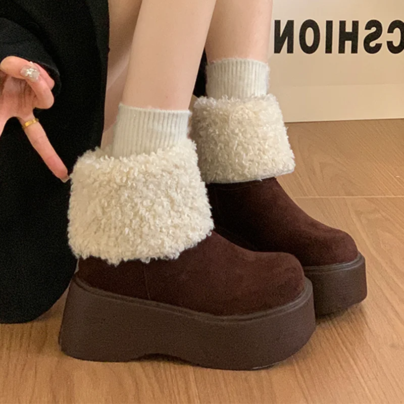 Fur Ankle Boots for Women Flats Platform Suede Designer Shoes 2025 New Cozy Dress Warm Snow Boots Walking Trend Woman Booties