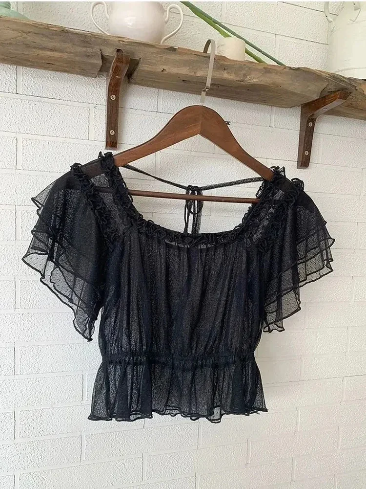 قمصان حلوة ملابس نسائية 2025 Camisas De Mujer بلوزة بأكمام منتفخة ورقبة مائلة قطع علوية قصيرة مكشكشة بلوزات صيفية بيضاء لطيفة #3