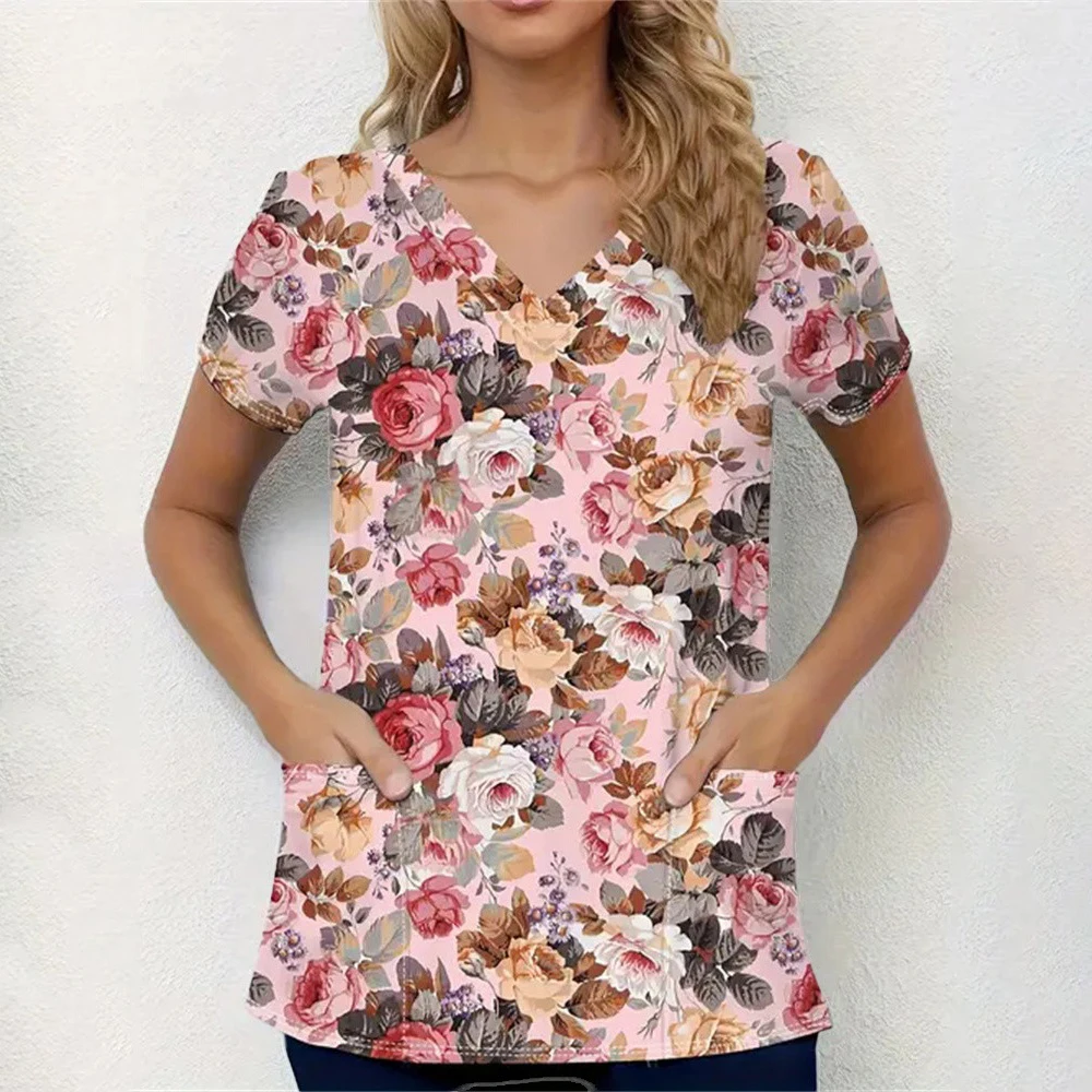 Top opaco da donna stampato di alta qualità abbinato a scollo a V cartone animato opaco uniforme sottile da infermiera top da donna maniche corte tessuto di seta