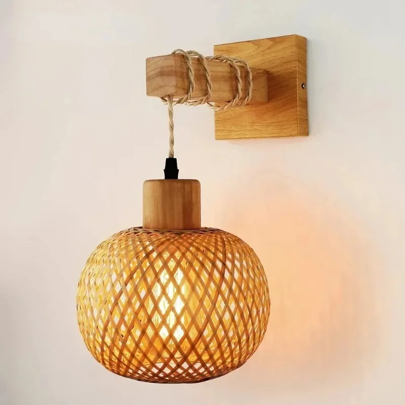 Plug-in Retro Japanese Bamboo Woven Bedside Wall Lamp Dining Room Rattan Lamp Bedroom Farmhouse Rural Indoor Background Wall