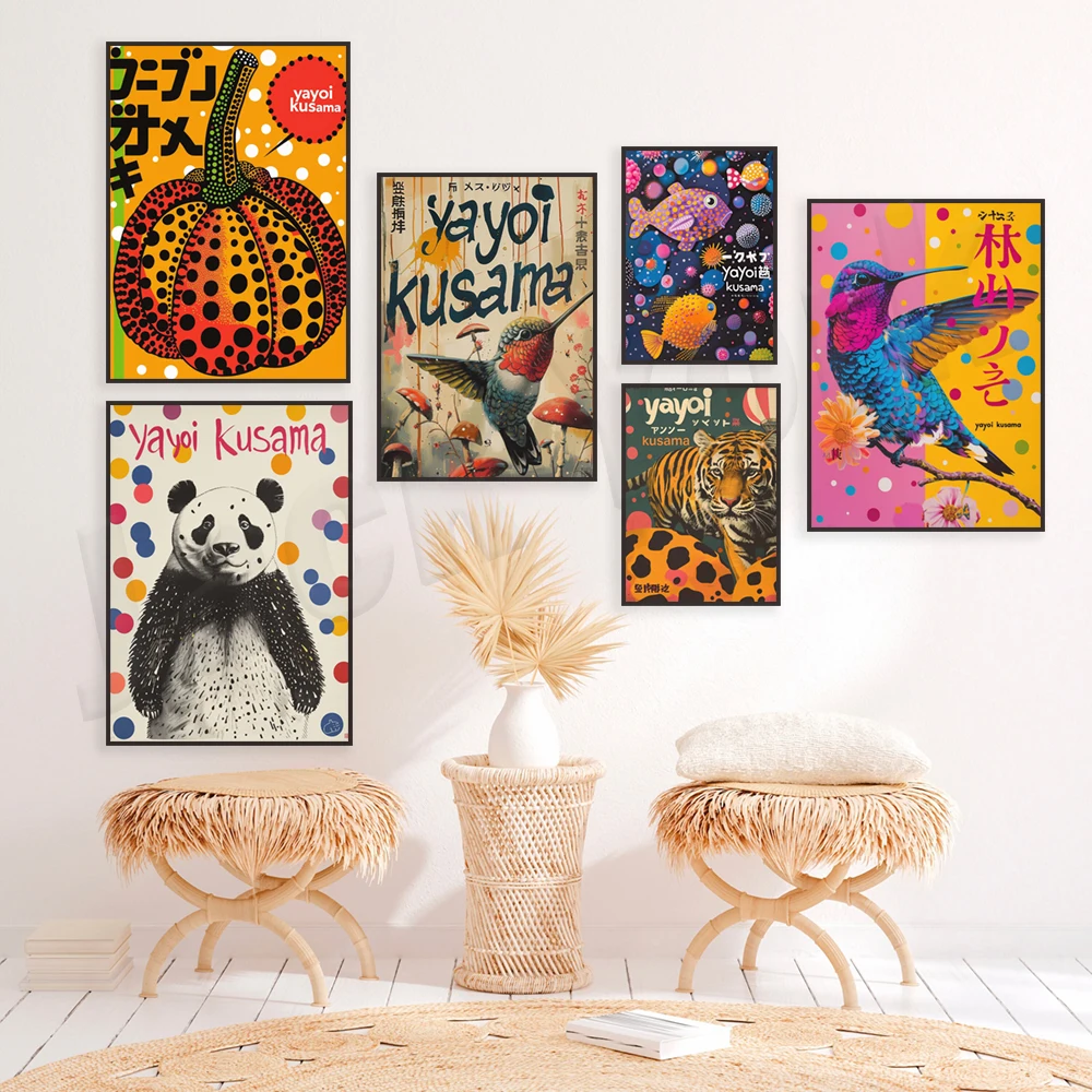 Yayoi Kusama poster, Japanese exhibition print, hummingbird, panda, tiger, pumpkin, floral polka dot poster, Asian home poster