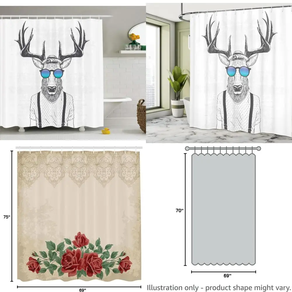 

stylish deer antlers shower curtain, hipster deer in trendy outfit, creative animal design for adults