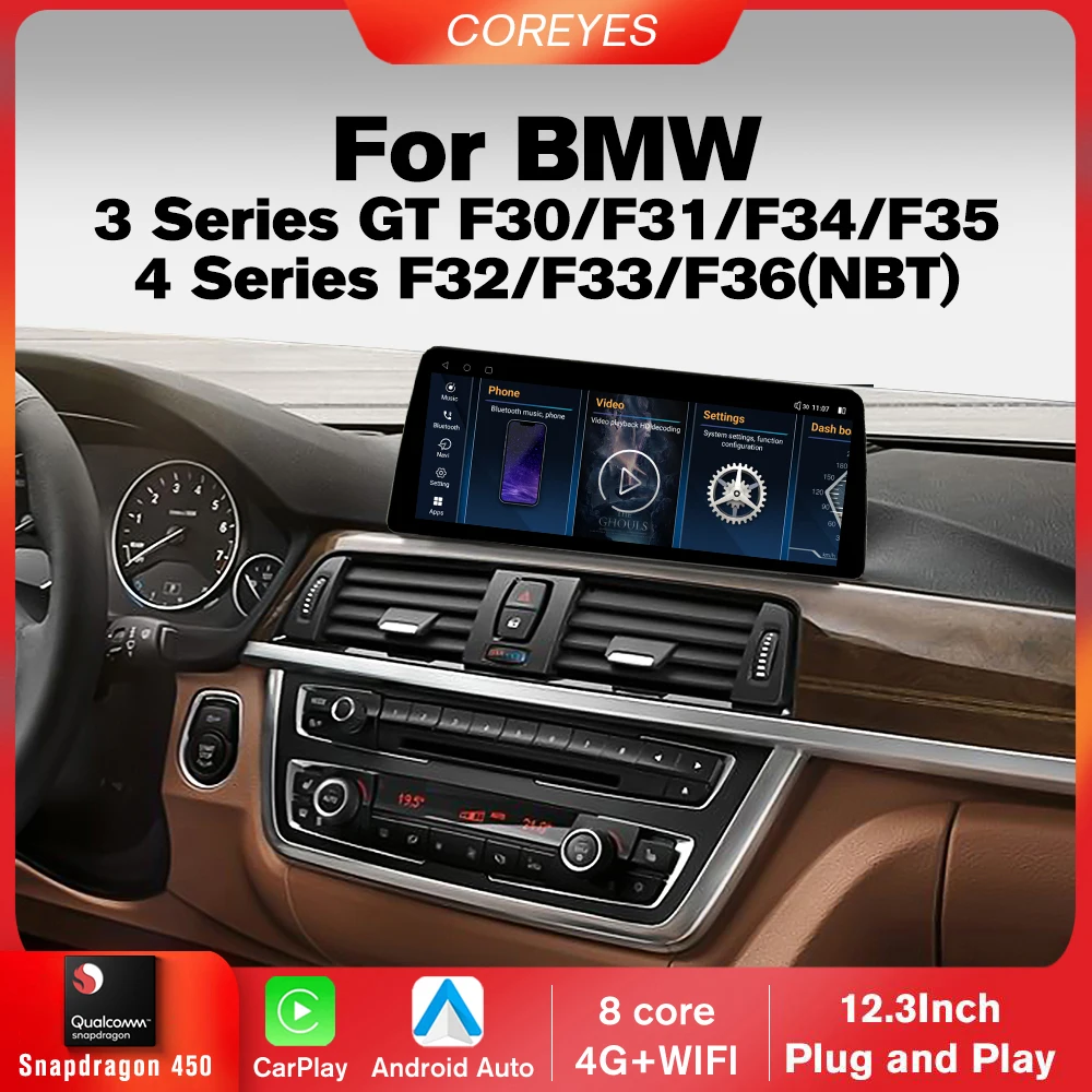 

COREYES 12,3-дюймовый Carplay для BMW 3 серии 4 F30 F31 F32 F33 F34 F35 F36 NBT Система автомобильного радио Snapdragon 665 Android 13