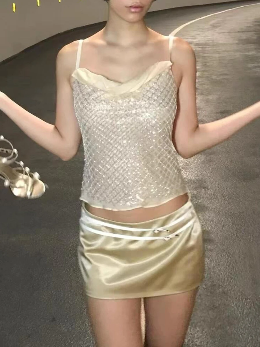 TWOTWINSTYLE, conjuntos de dos piezas de moda adelgazantes para mujer, cuello en V, sin mangas, chaleco de lentejuelas empalmado, minifalda de cintura alta, conjunto femenino