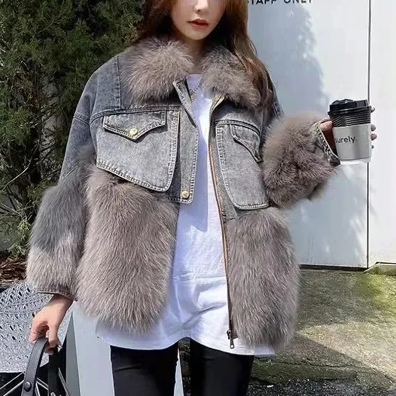 2024 Winter New Faux Fox Fur Parka Patchwork Fur Jacket Casual Large Fur Collar Coat Thickened denim Outerwear Coat