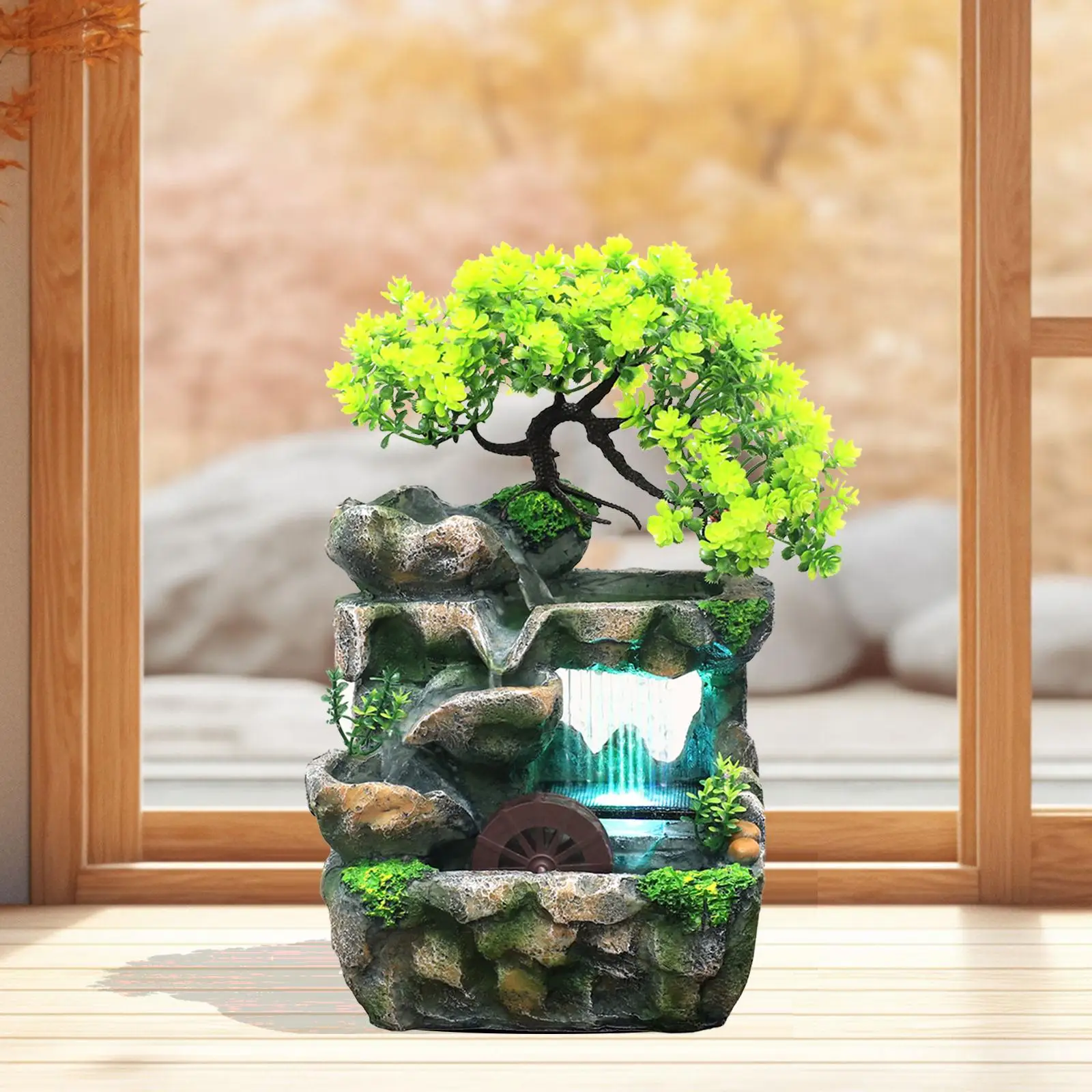 Tabletop Water Fountain with Light Cascading Rockery Bonsai Decor Resin Ornament for Living Room Decorative Multifunctional