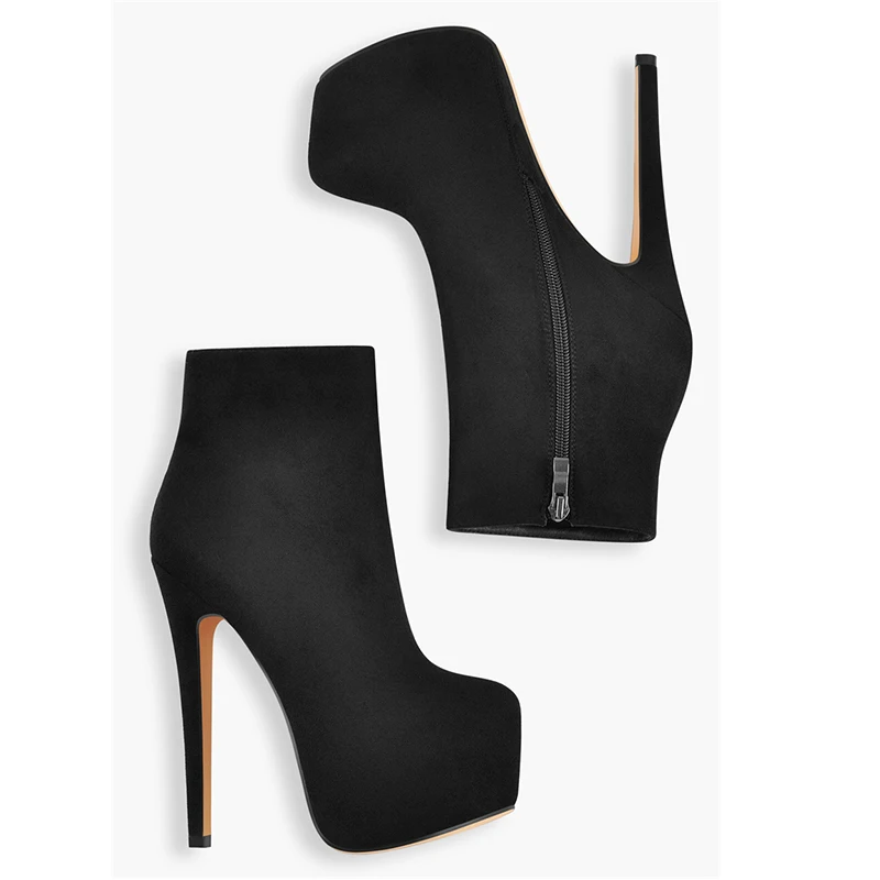 Onlymaker Women Booties Round Toe Patform Ankle Booties Black Red Flock Stiletto Side Zipper 16CM High Heel Sexy Lady Boots