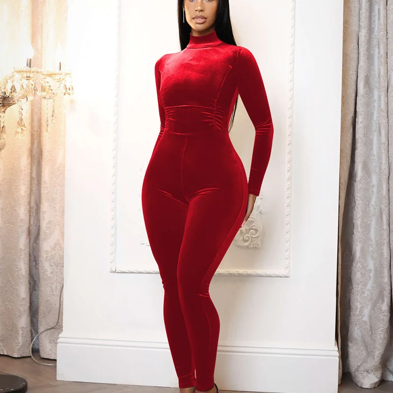 Solid Korea Velvet Jumpsuit Women Long Sleeve Elastic Waist Turtleneck Warm Rompers Birthday One Pieces Overalls Sporty Fitness