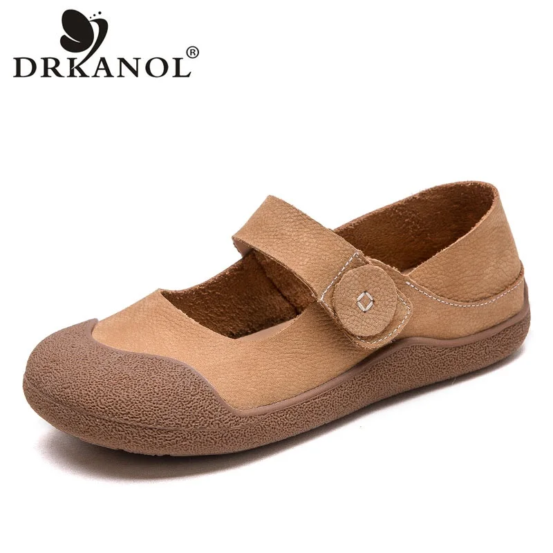 

DRKANOL 2025 Fashion Women Loafers Summer Shallow Soft Retro Genuine Cow Leather Hook And Loop Outside Casual Flat Shoes Female