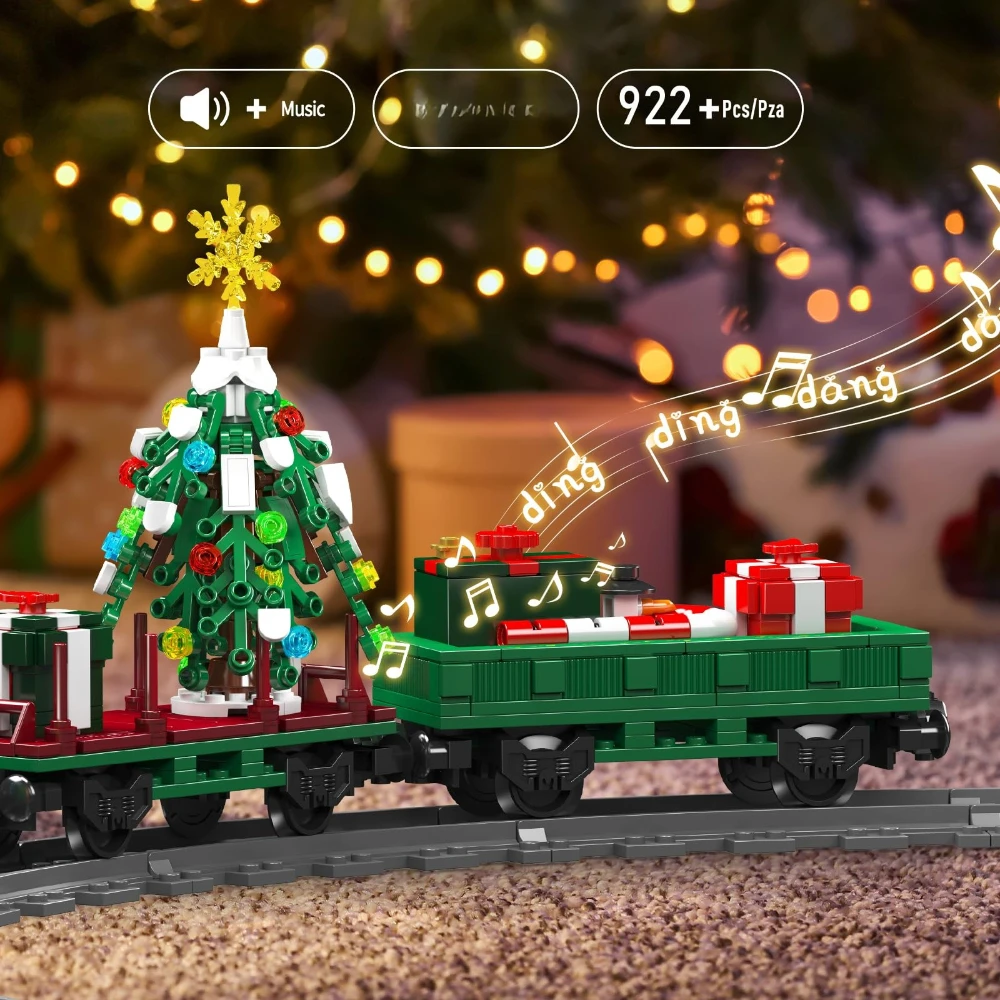 MOC قطار عيد الميلاد مع محرك اللبنات مجموعة مهرجان جو الصوت المسار ألعاب السيارات للأطفال عطلة هدايا عيد الميلاد