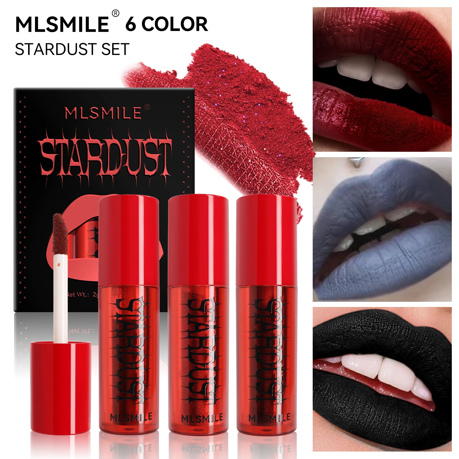 MLSMILE Halloween 3PCS/SET muti-purpose matte velvet Misted Fine Glitter Lipstick powder coated with water easy color lip glaze