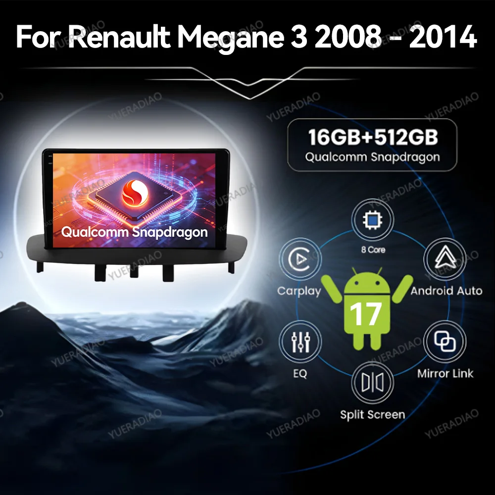 Android 17 Car Radio For Renault Megane 3 Fluence Samsung SM3 2008 - 2014 Multimedia Video Player Qualcomm GPS NAVI BT 2DIN QLED