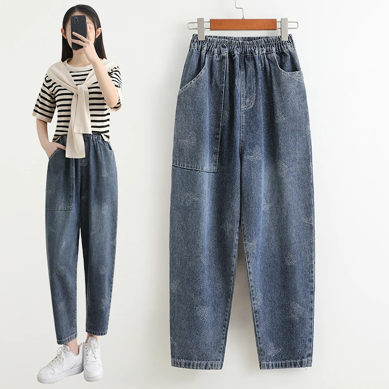 

Летние тонкие джинсы из денима для женщин больших размеров, широкие, свободного кроя, для полных, укороченные, в стиле «папины джинсы» (Harlan), с высокой талией, эластичные