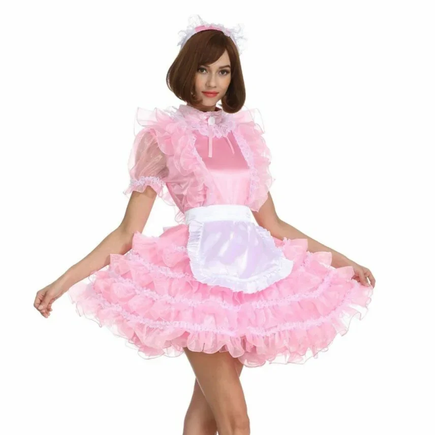 Lockable Sissy Pink Satin Sexy Girl Dress Ruffle Dress Role Playing Dress Women Halloween Costume Adult Customized