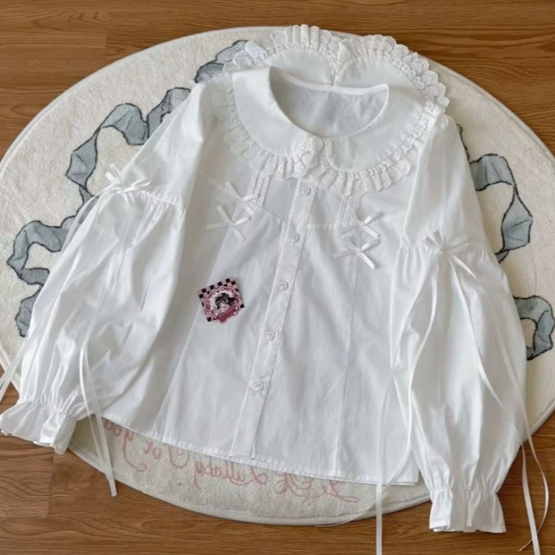 ديبتاون النمط الياباني Kawaii قمصان النساء الحلو القوس الأبيض لوليتا كشكش البلوزات خمر نمط Preppy الأصفر قميص طويل الأكمام