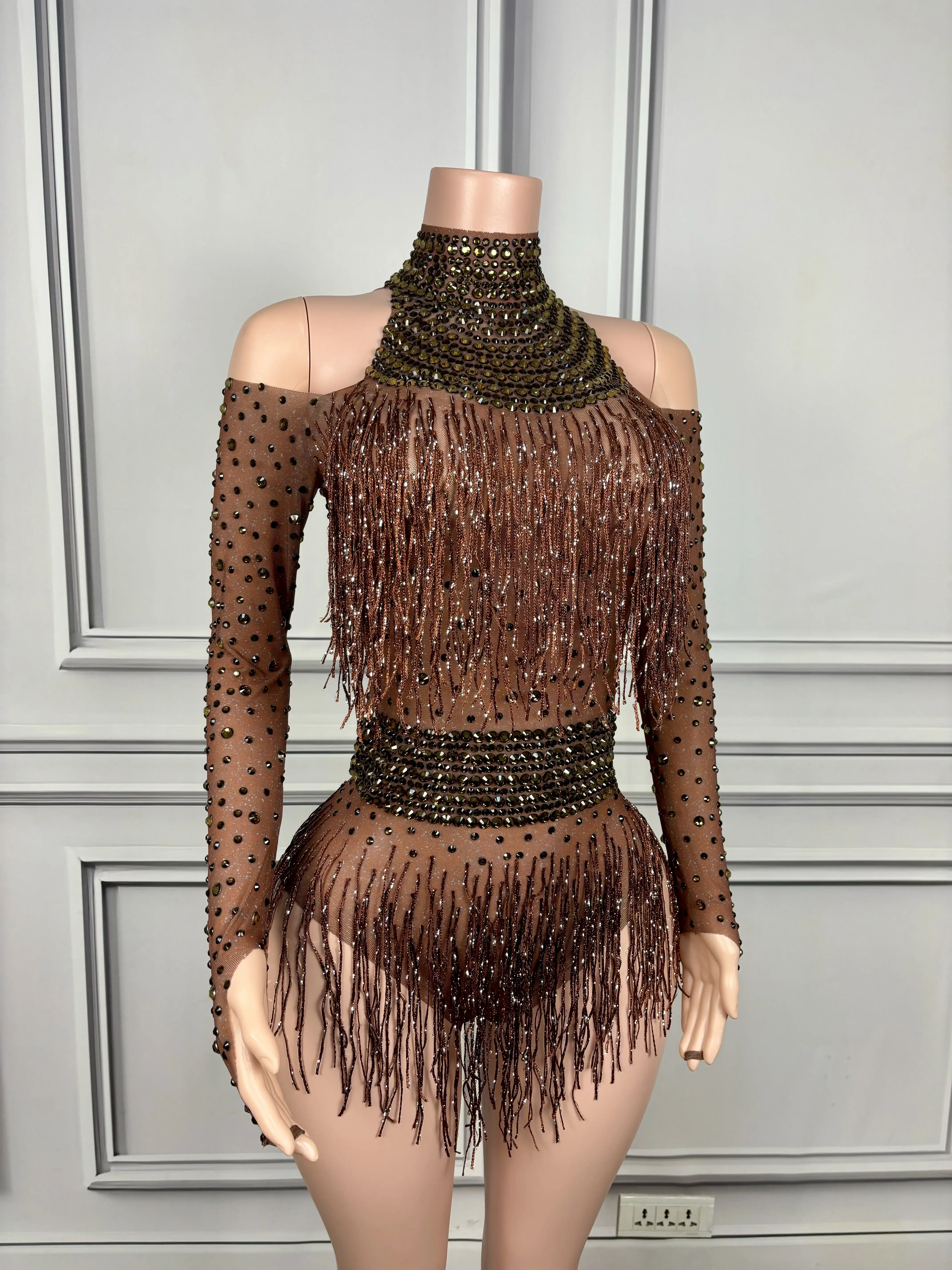 Flashing Brown Rhinestones Fringes Leotard Birthday Celebrate Transparent Sexy Bodysuit Costume Fancy Long Sleeves Outfit nvtuan