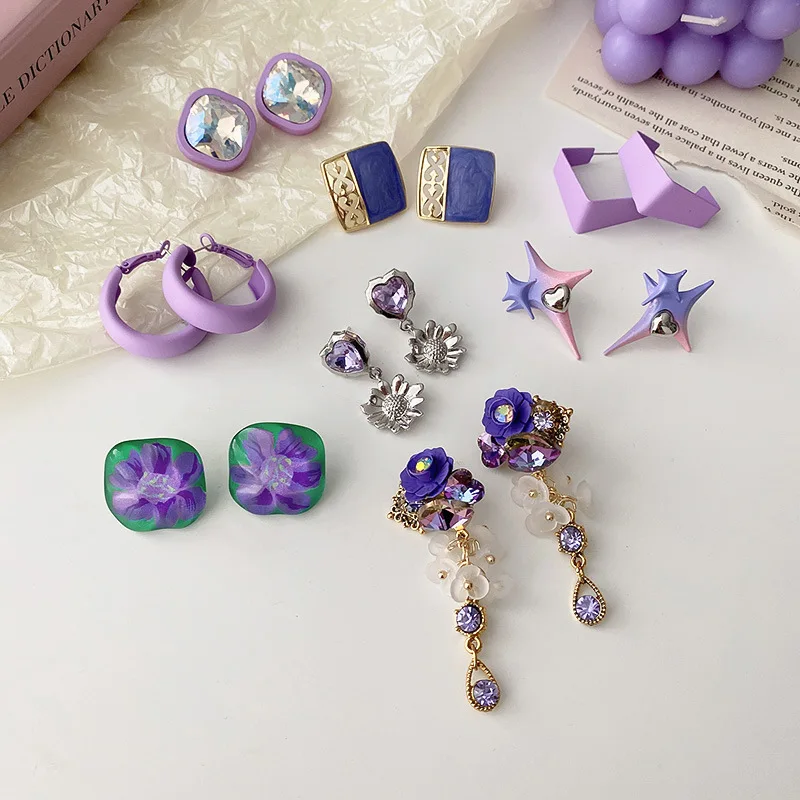 Purple Is Geometric Crystal Love Flowers Earring 2022 Trend New South Korea Fashionable Woman Jewelry Accessories