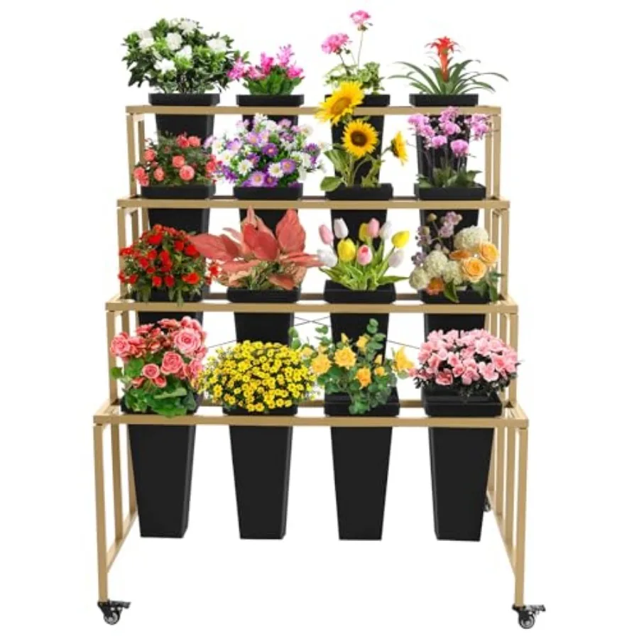 حامل عرض الزهور مع 16 دلوًا و4 طبقات حامل نباتي مع عجلات عالمية ورف باقة زهور متحرك عالي التحمل للمنزل #1