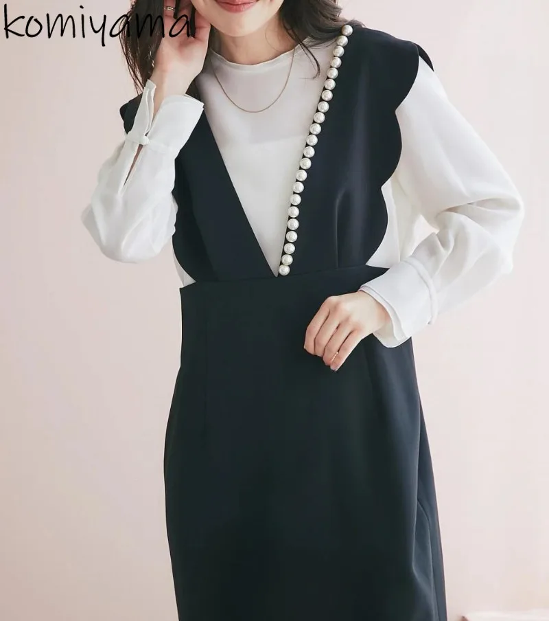 Japanese V-enck Pearl Vestidos Mujer Wave Edge Women 2025 Dresses Fashion High Waist Dress Vest Vestido New Tank Robes