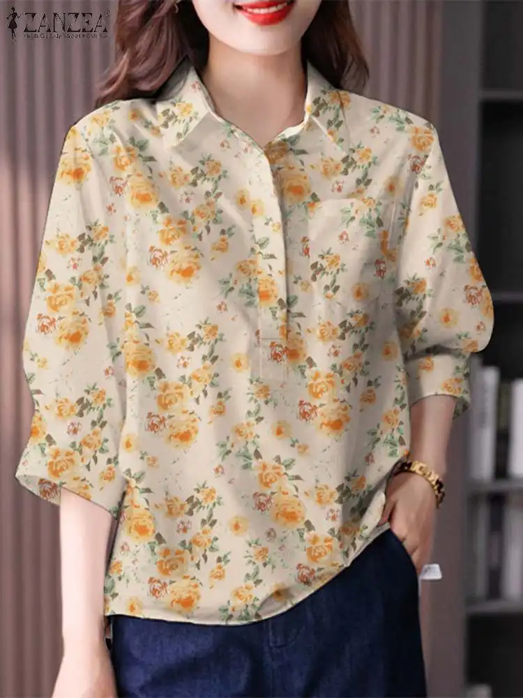 

Bohemian Blouse ZANZEA 2024 Summer Elegant Floral Printed Shirt Women Lapel Neck 3/4 Sleeve Party Work Tops Casual Blusas Mujer