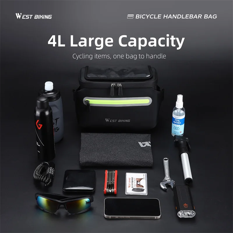 WEST BIKING Bicycle Front Bag Touch Screen Bike Handlebar Bag 4L Bike Phone Bag For Below 8.6 Inches Phone Cycling Accessories