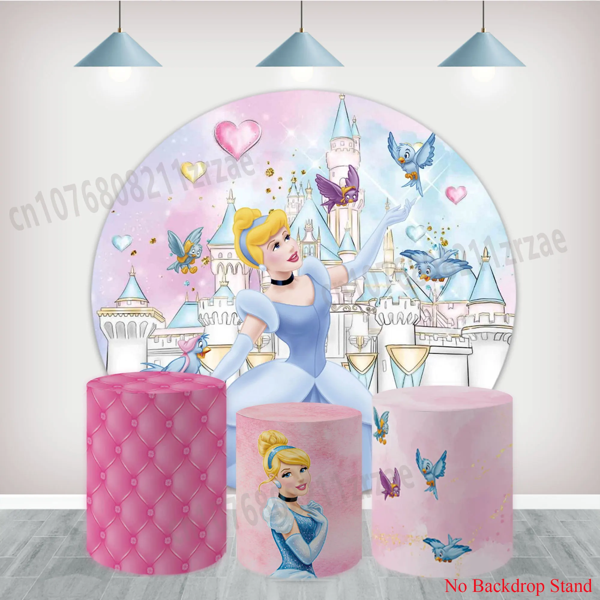 

Princess Cinderella Round Backdrop Covers For Girls First Birthday Party Cylinder Decor Vinyl Polyester Pink Background Banner
