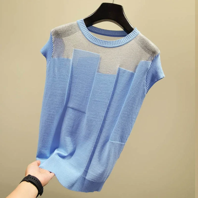 2024 Korean O-neck Short Sleeve Knitted Tops Patchwork Ice Silk Blusas Women Pullover Fashion Thin Blouse Mujer De Moda 8796