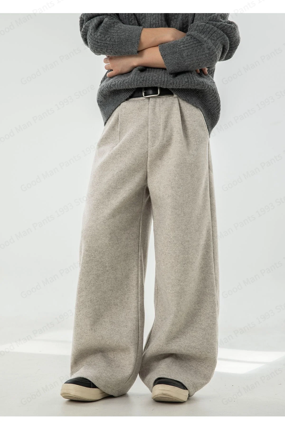 Herbst- und Winter-Herrenhose aus schwerer, strukturierter Wolle mit geradem Bein, locker gefaltet, Y2K Koreanische Baggy Casual Hose – Detail 12