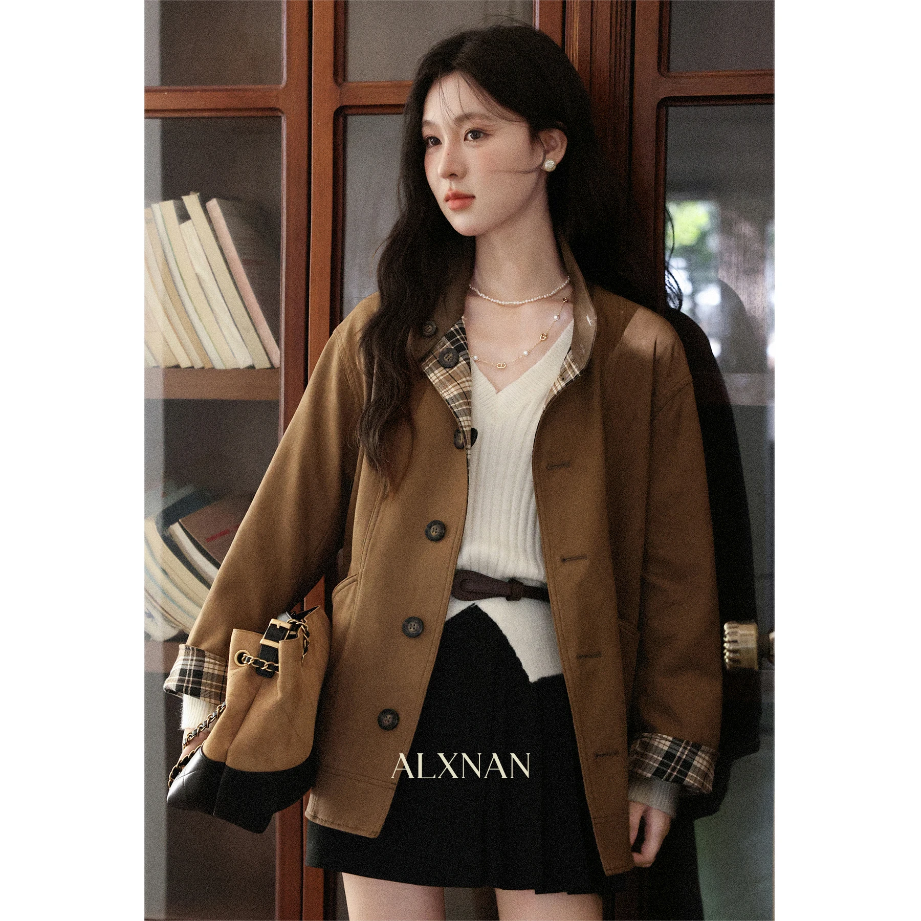 

ALXNAN винтажная коричневая куртка с лацканами, осенние новые элегантные женские куртки, осень 202, повседневные офисные женские пальто свободного покроя, женские L57207