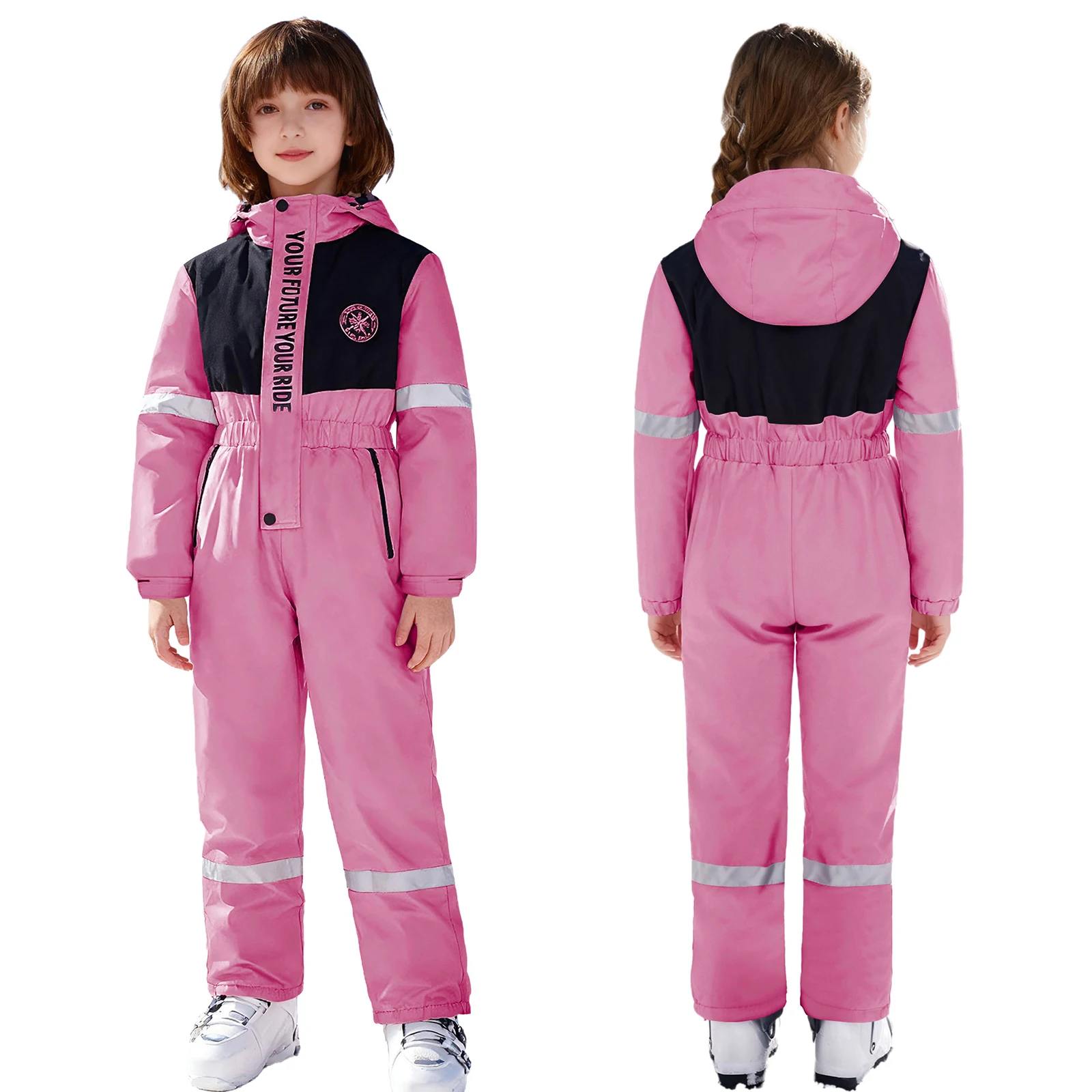 

Kids Girls Boys Snowsuit One Piece Waterproof Ski Suit Letter Print Hooded Jumpsuit Winter Outdoors Sports Skiing Snow Bodysuit