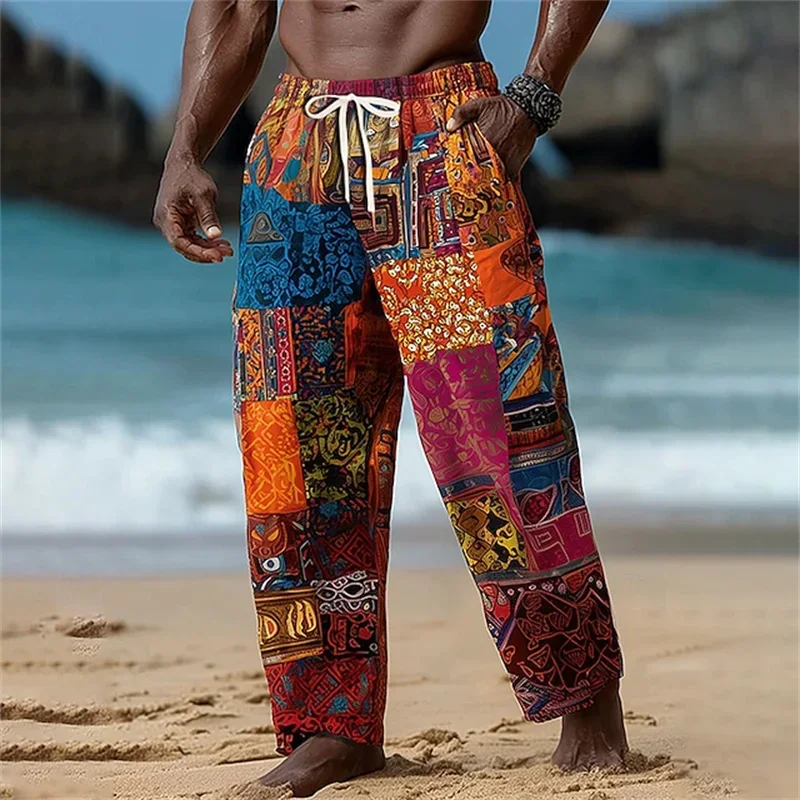 Herrenhose in Rotbraun mit Tribal- und Geometrischem Patchwork, Locker Geschnitten, Weites Bein, Lässige Sommerhose für Strand und Alltag mit Kordelzug und Seitentaschen – Detail 5