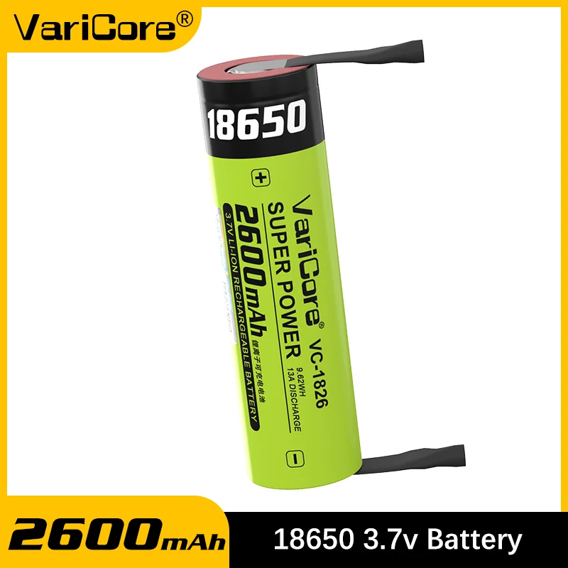 

VariCore VC-1826 18650 3.7V 2600mAh High Capacity High Drain 13A Rechargeable Lithium Battery with Nickel Tabs for DIY/RC/Drill