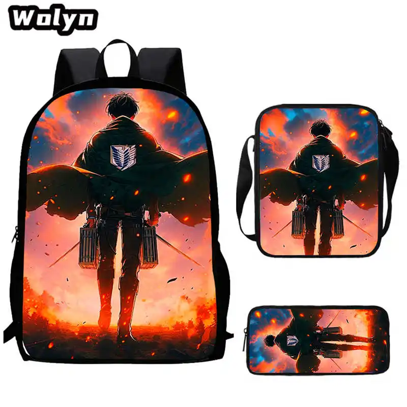 

3Pcs Set Attack on Titan School Backpack with Shoulder Bags Pencil Bags for Kindergarten ,Cartoon School Bags for Boys Girls