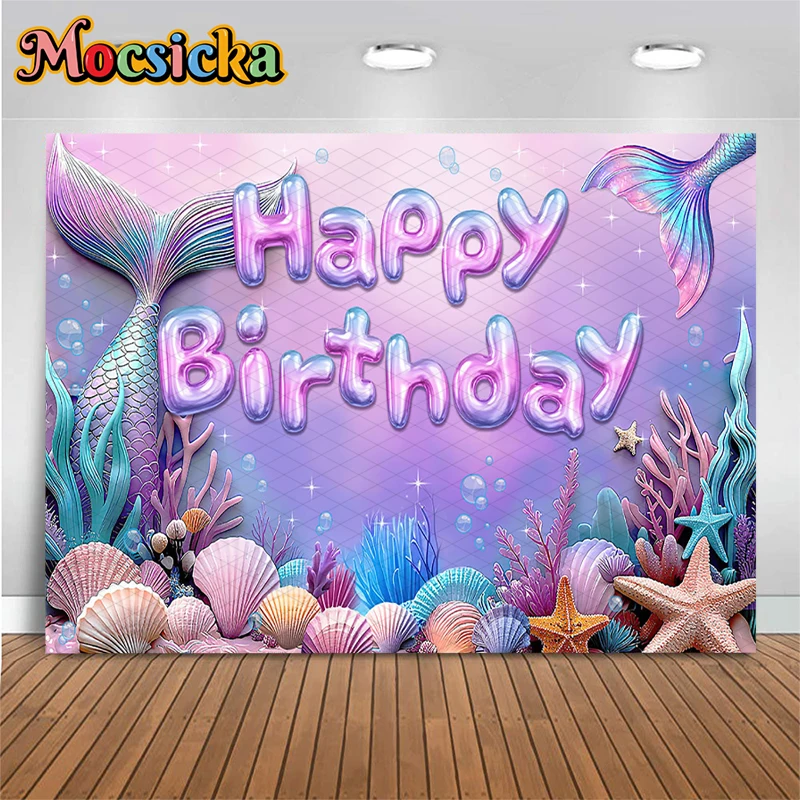 Mocsicka Mermaid Happy Birthday Photography Backdrop Purple Tail Underwater Coral Background Girls Party Cake Table Decor Banner
