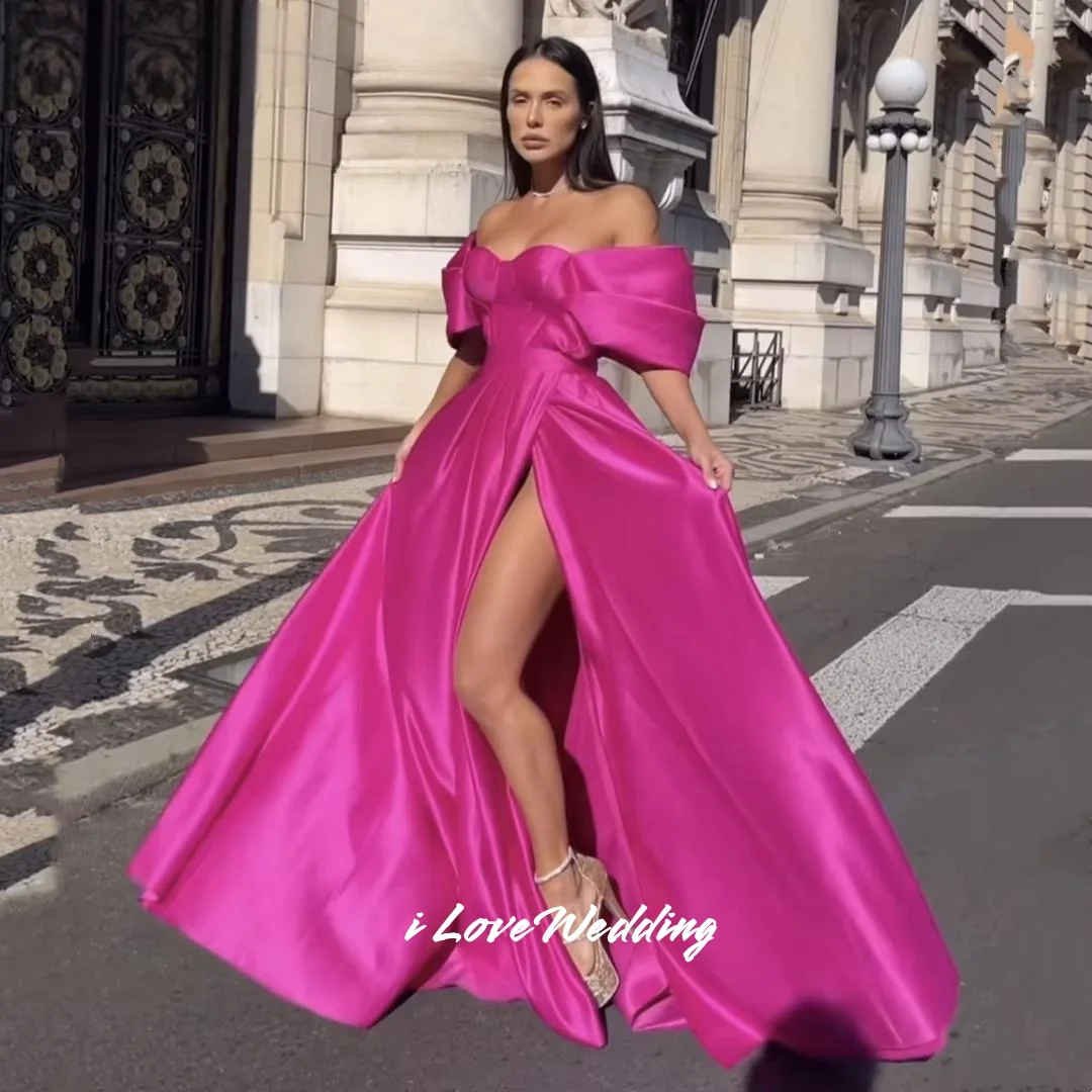 

Hot Pink Off Shoulder Evening Dresses 2025 Satin Sweetheart A-Line Pleated Side Split Sweep Train Wedding Party Dress Customized