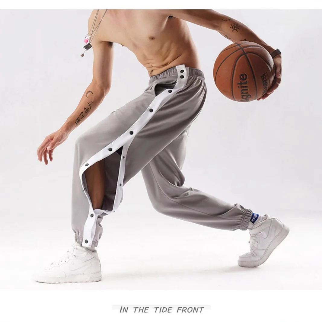 Loose Casual Pants for Men Summer Sport Style Side Button Basketball Trousers Wide Leg Elastic Waistband Flat Color