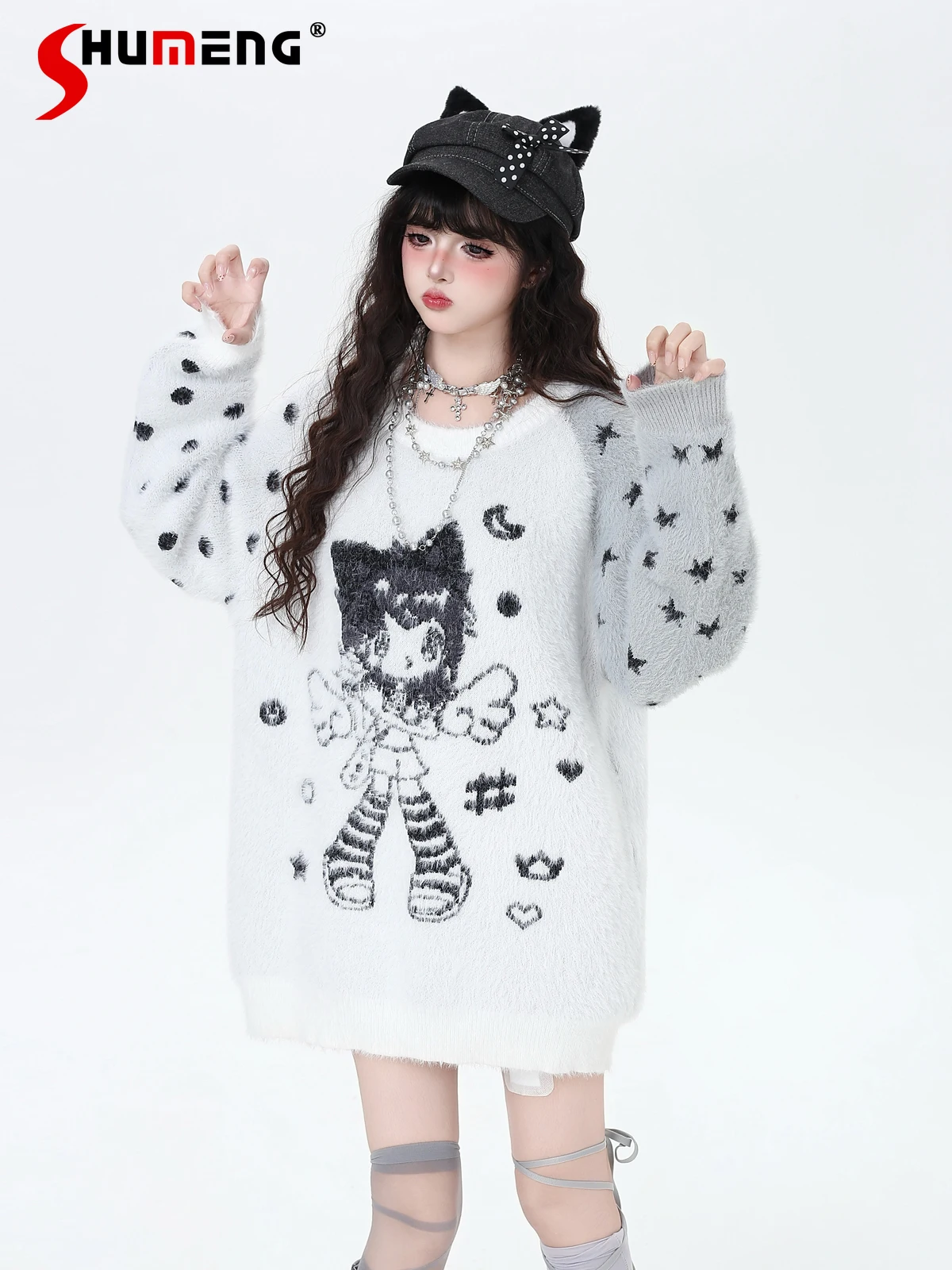 

Fashion Streetwear Style Cartoon Print Round Neck Long Sleeve Loose Soft Casual Knitted Pullover Sweater for Women 2025 Autumn