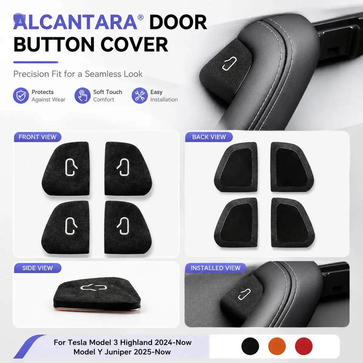 Fit For Tesla Model 3 Highland 2024-Now Model Y Juniper 2025-Now Door Button Protective Suede Trim Stickers Orange Black Red