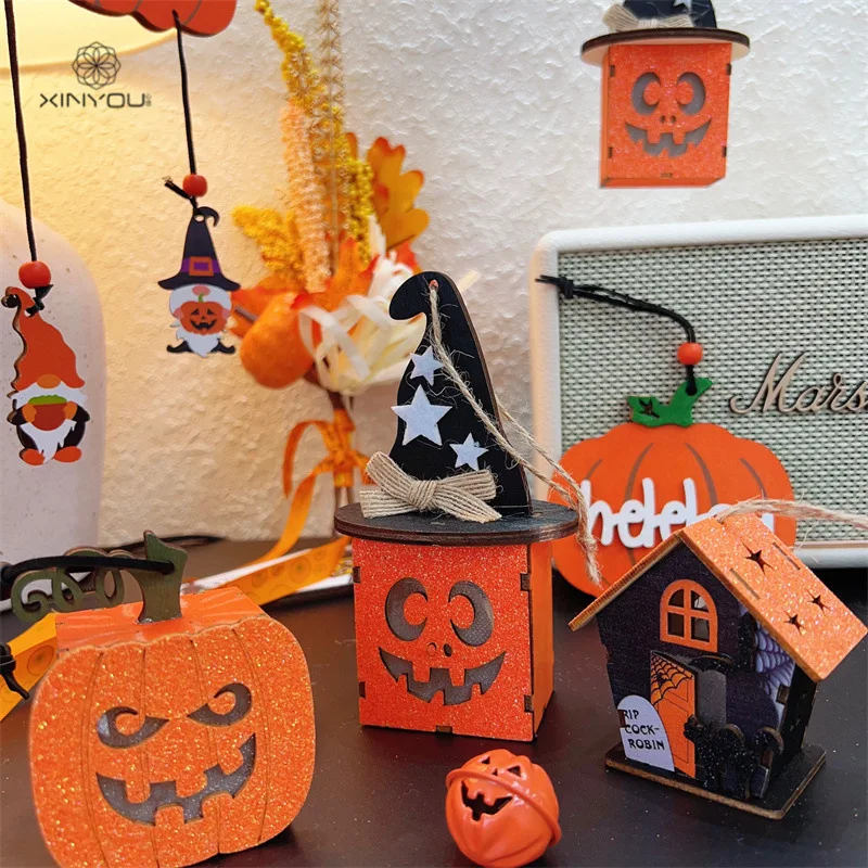 Halloween Pumpkin Wooden Night Light - Spooky Party Mood Ambient Glow for Tabletop Decor & Photo Prop