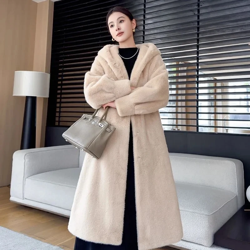 2026 Winter New Hooded Velvet Mink Coat for Women Women Environmentally Friendly Mink Fur Medium Long Coats Woman Parka Overcoat