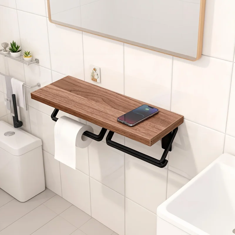 

1 держатель для туалетной бумаги из цельного дерева с полкой для телефона, настенная полка для хранения рулонов салфеток для ванной комнаты, диспенсер для туалетной бумаги, полотенец, утюг