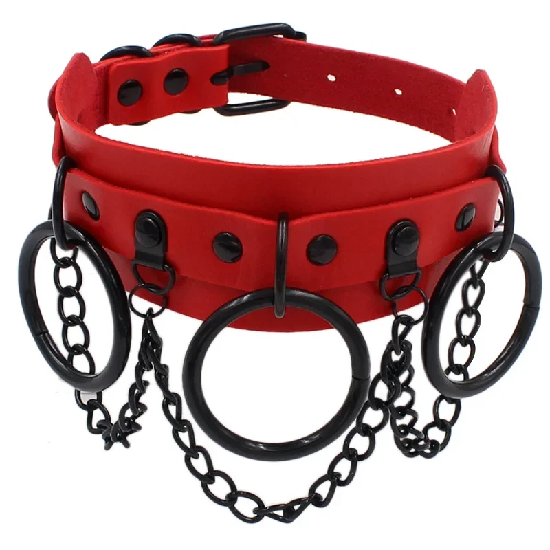 Punk Rock and roll Individuality Exaggerate Street photo Night club Gothic Wild PU leather Pendant O-ring Choker Collar