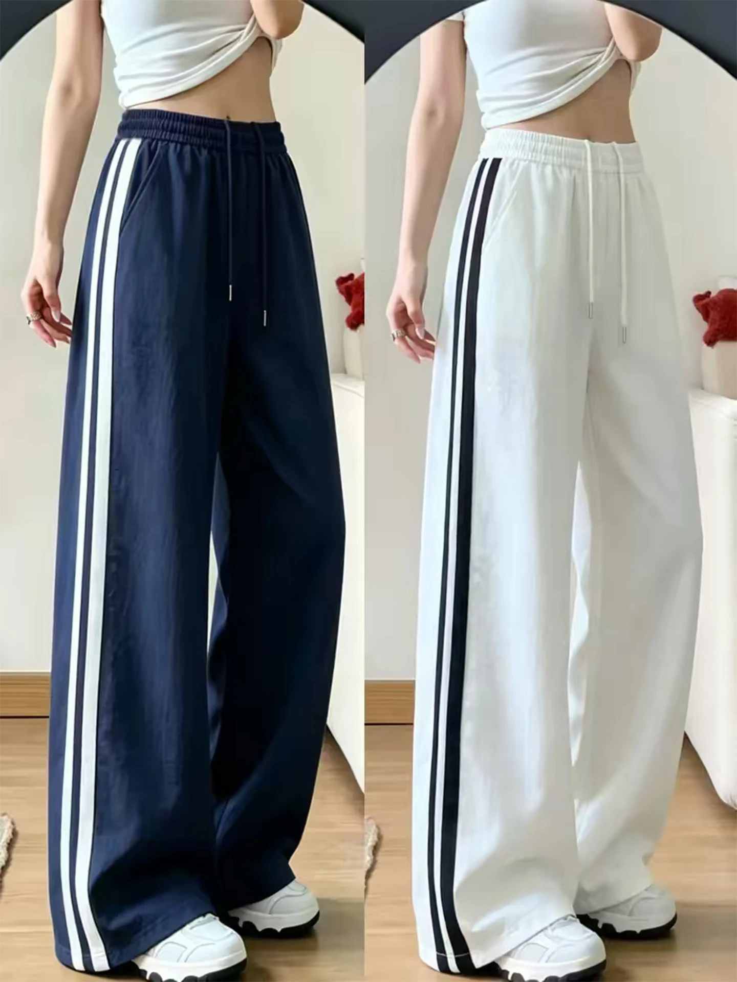 Slimming High Waist Wide Leg Pants Quick Dry Workwear Trousers American Style Striped Contrast Color Women's Summer Thin Size