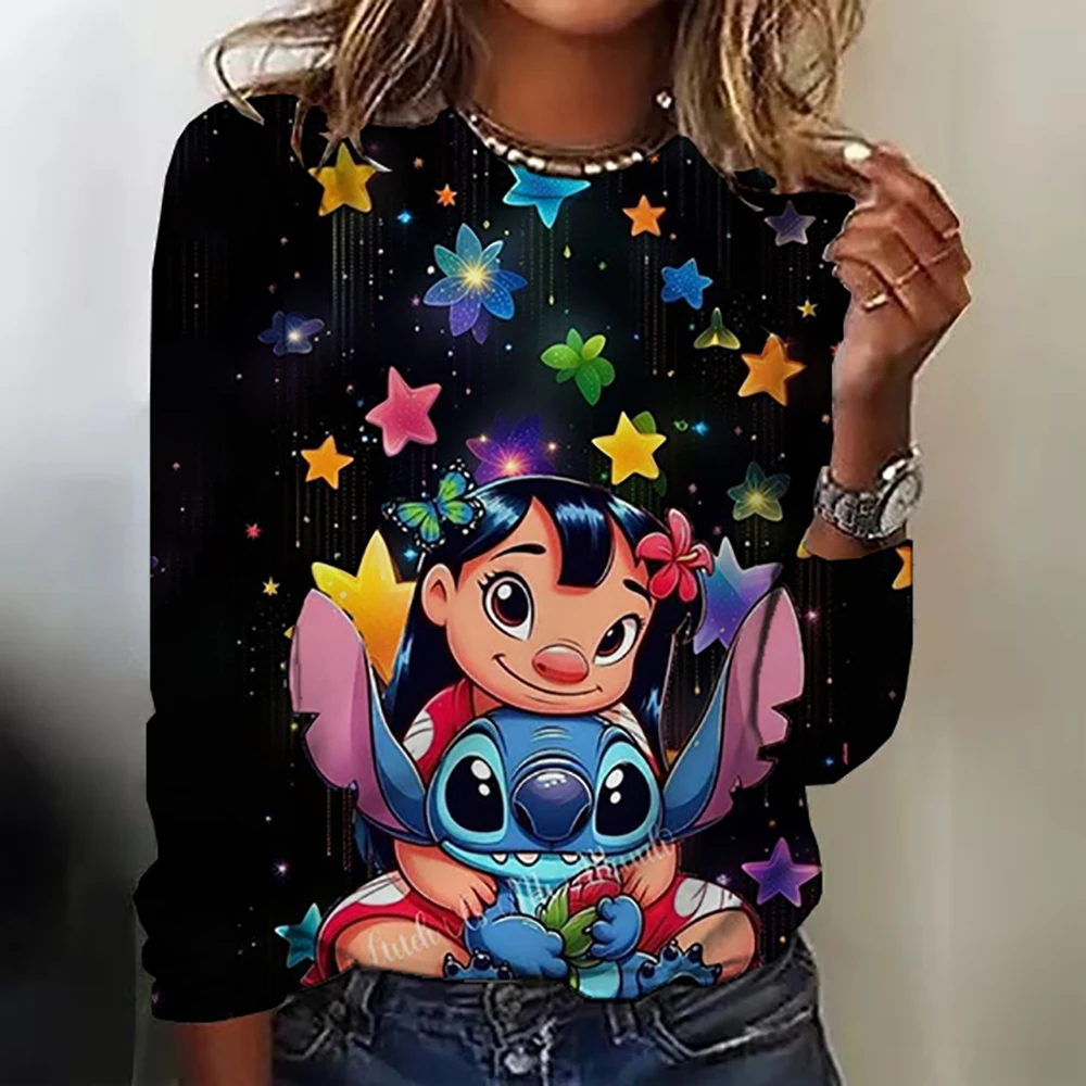 New women\'s round neck T-shirt long sleeved top Disney Christmas Stitch print fashionable and trendy women\'s T-shirt top for aut