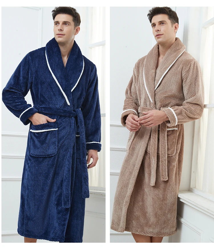 Bata de ducha tipo Kimono con solapa gruesa para hombre, albornoz de franela cálido, ropa de dormir con bolsillo, ropa de descanso de talla grande